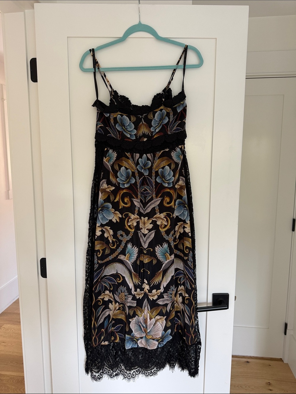 FARM RIO Black Maxi Dress with Blue and Gold Floral Scrolls - Picture 5 of 8